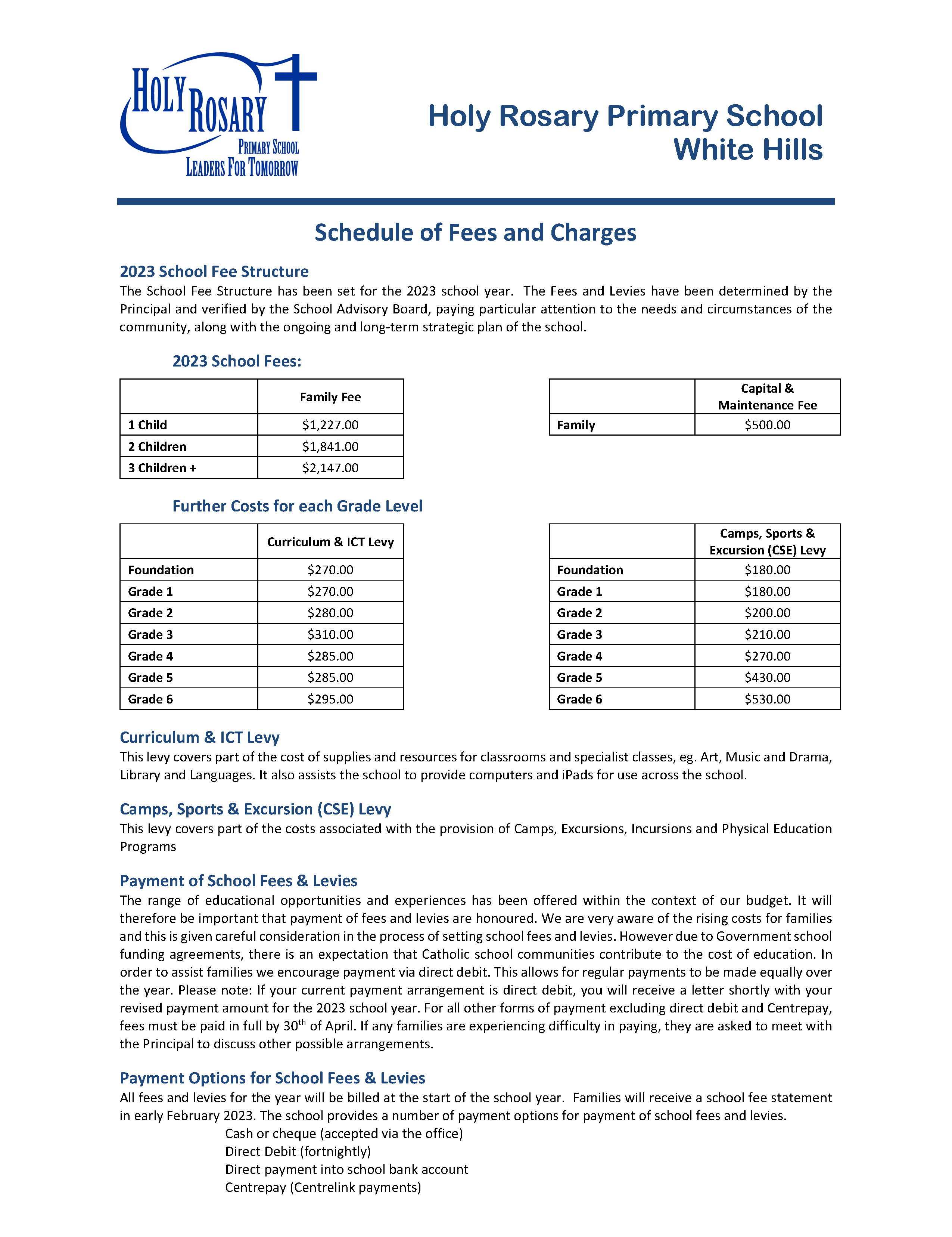 2023 Schedule of Fees Charges